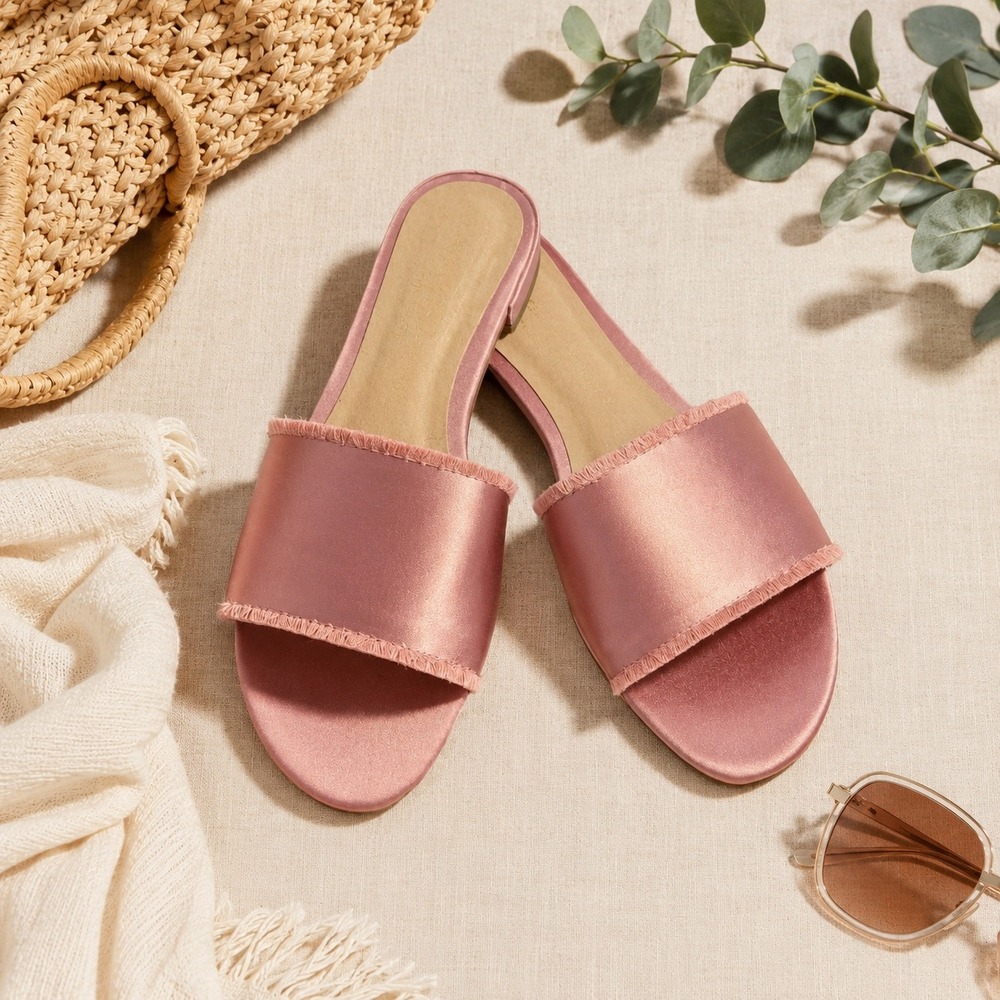 Chinese Laundry Slide Sandals Womens 9.5 Pink Satin Frayed Edge Flat Summer Chic